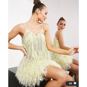 ASOS EDITION sequin cami mini dress with faux feather hem in lemon sz 10